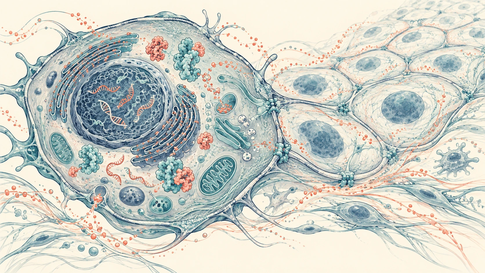 Conceptual illustration of molecular activity, a living cell, and tissue organization connected through interactions across biological scales.